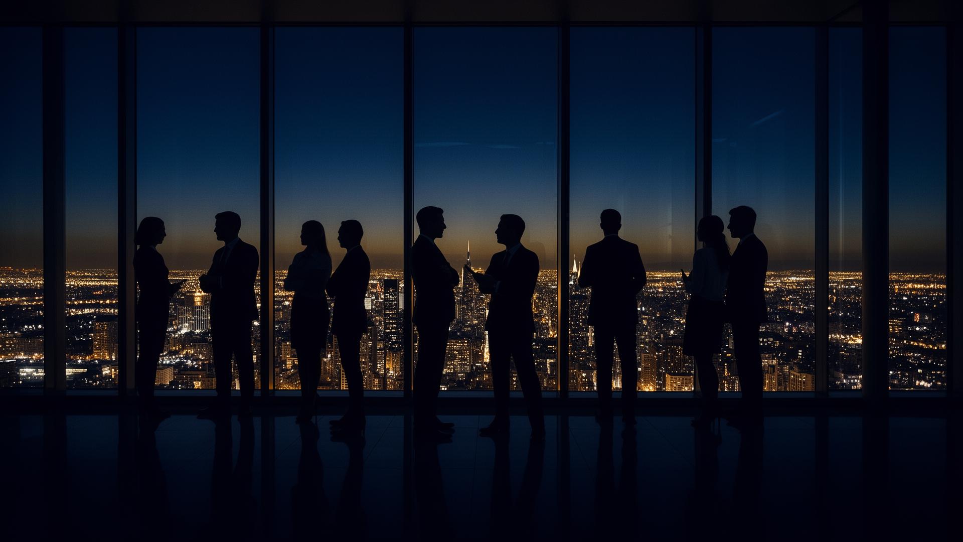 Executive silhouettes against city skyline at dusk